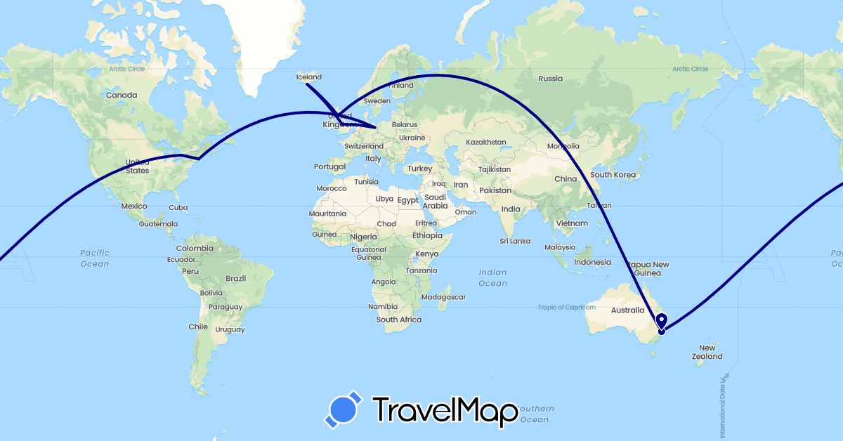 TravelMap itinerary: driving in Australia, Canada, Germany, United Kingdom, Iceland, United States (Europe, North America, Oceania)